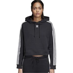 adidas womens Cropped Hoodie black sweatshirt white stripes size medium